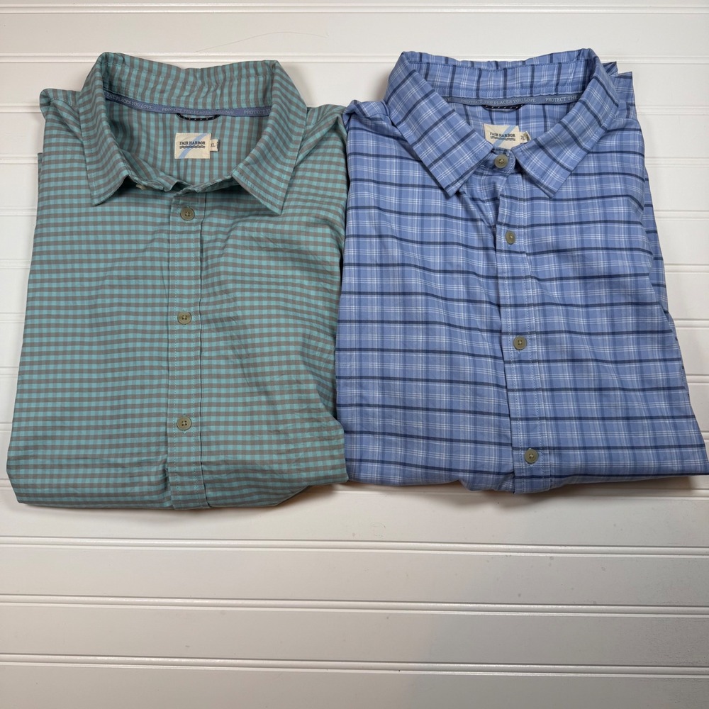 Lot of 2 Fair Harbor Windward Shirts Mens XL Plaid Gingham Performance SS Button